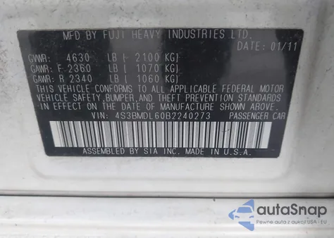 2011 Subaru Legacy 3.6R Limited from USA, damaged, VIN 4S3BMDL60B2240273